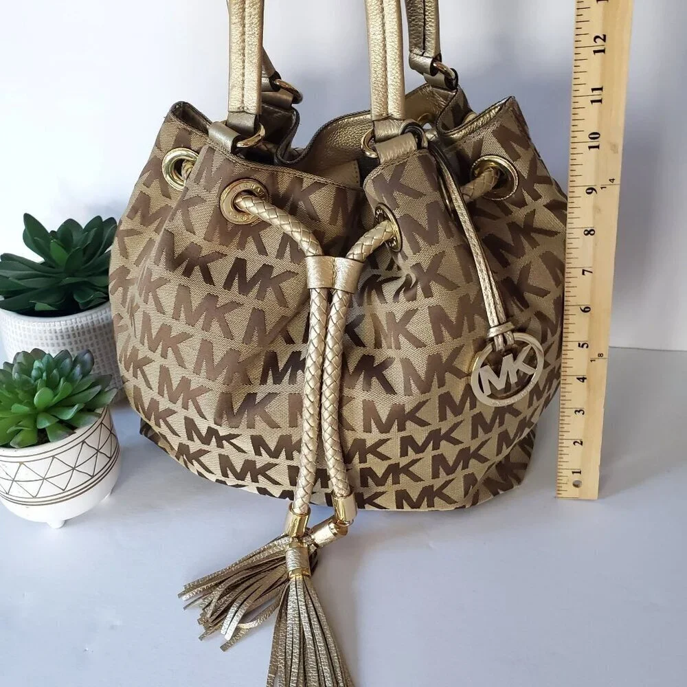 Michael Kors Jet Set Large Signature Gathered Hobo Satchel Tote Gold and Brown